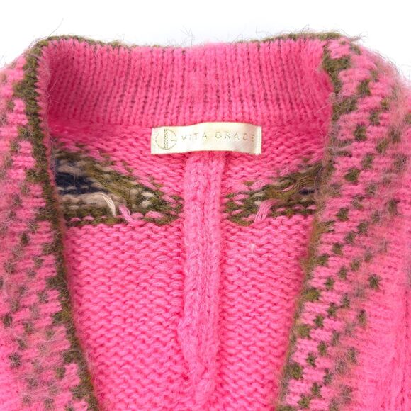 VITA GRACE Wool Mohair Carousel Fair Isle Fuzzy Knit Cardigan Oversized Boho - Picture 2 of 9